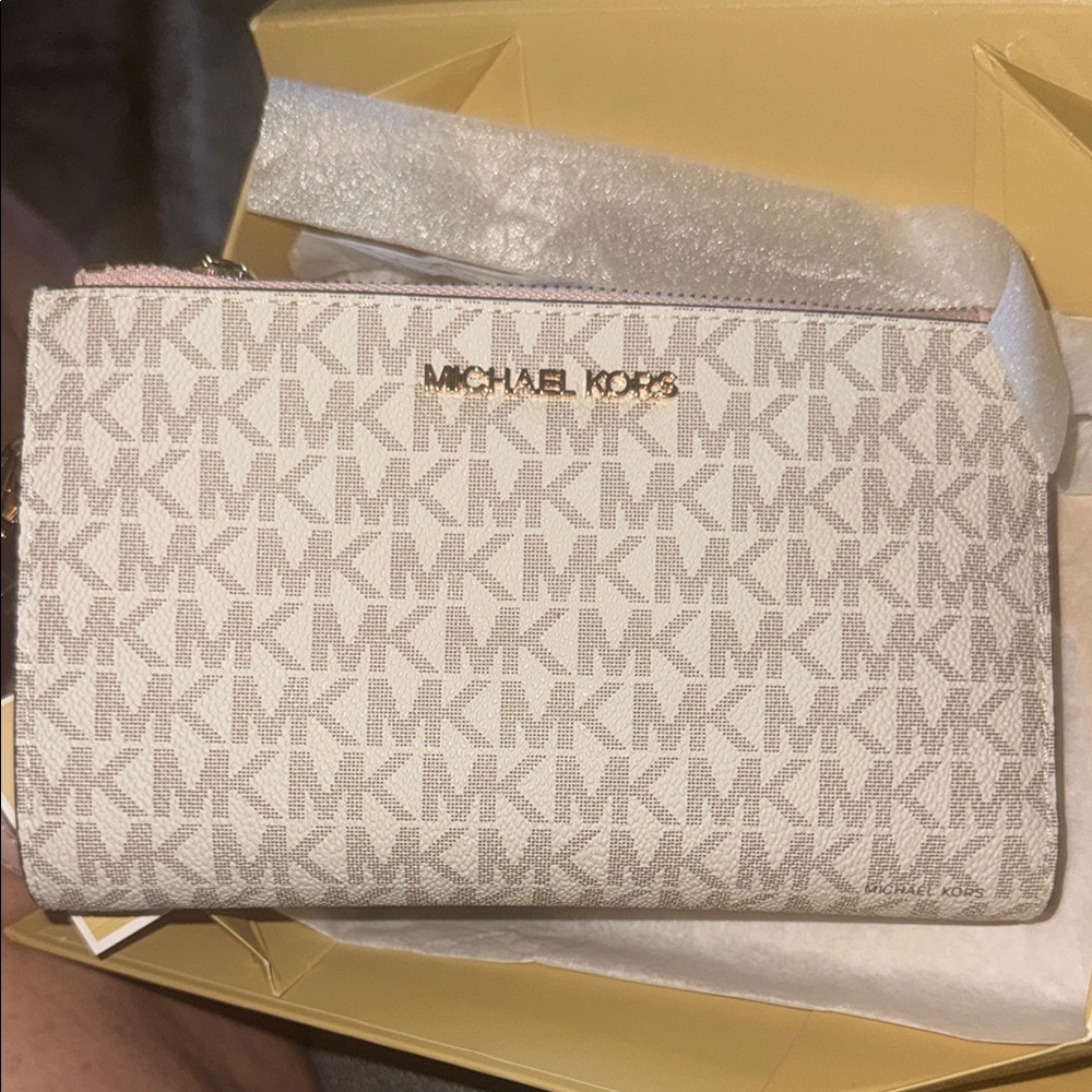 Michael Kors Beige Logo Print Wristlet